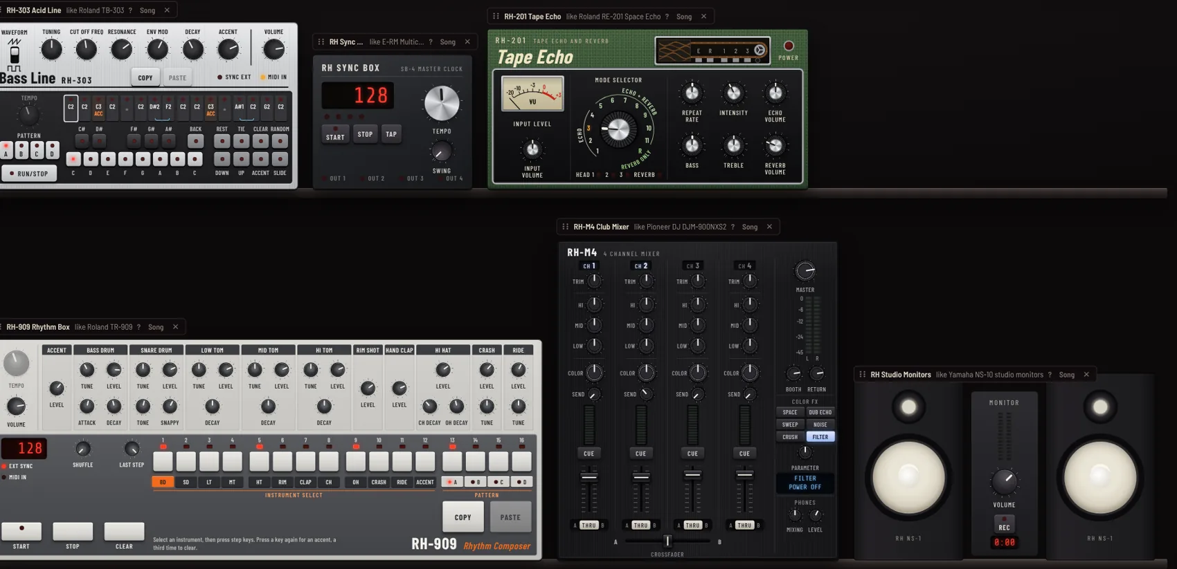 The Rabbit House Rig: drum machines, a bass synth, a tape echo and a mixer on shelves